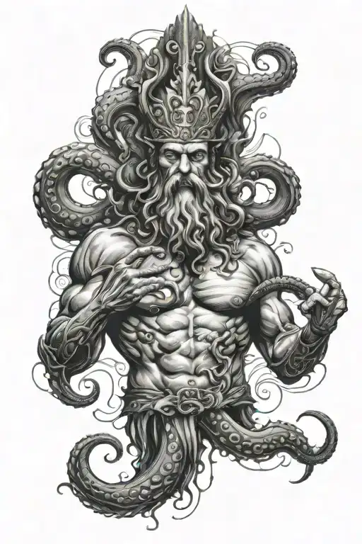 Poseidon tattoo with trident in hand. A giant octopus below it. With wave effects on the sides and a ship's helm behind  tattoo design idea