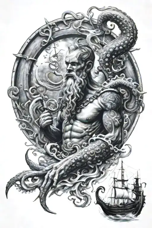 Poseidon tattoo with trident in hand. A giant octopus below it. With wave effects on the sides and a ship's helm behind  tattoo design idea