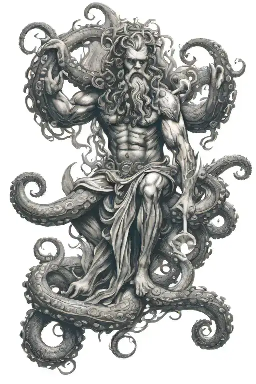 Poseidon tattoo with trident in hand. A giant octopus below it. With wave effects on the sides and a ship's helm behind  tattoo design idea