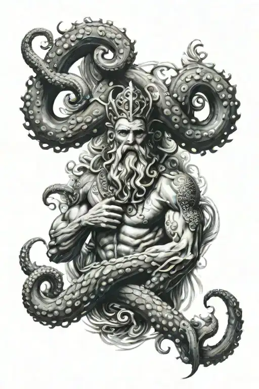 Poseidon tattoo with trident in hand. A giant octopus below it. With wave effects on the sides and a ship's helm behind  tattoo design idea