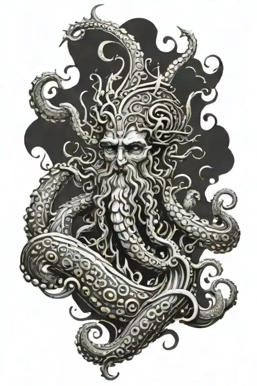 Poseidon tattoo with trident in hand. A giant octopus below it. With wave effects on the sides and a ship's helm behind  tattoo design idea