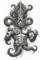 Poseidon tattoo with trident in hand. A giant octopus below it. With wave effects on the sides and a ship's helm behind  tattoo design idea