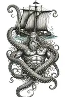 Poseidon tattoo with trident in hand. A giant octopus below it. With wave effects on the sides and a ship's helm behind  tattoo design idea