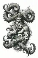 Poseidon tattoo with trident in hand. A giant octopus below it. With wave effects on the sides and a ship's helm behind  tattoo design idea