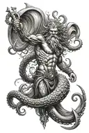 Poseidon tattoo with trident in hand. A giant octopus below it. With wave effects on the sides and a ship's helm behind  tattoo design idea