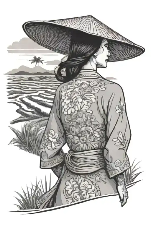 woman in ao Dai and rice hat looking away with Vietnamese rice fields in background  tattoo design idea