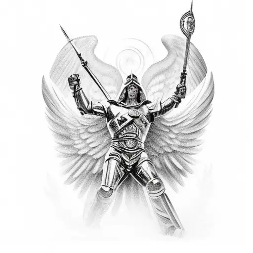 archangel Michael in fight scene tattoo design idea