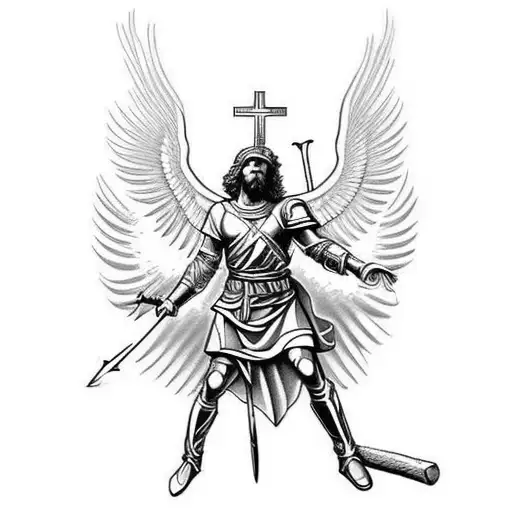 biblical archangel Michael in fight scene tattoo design idea