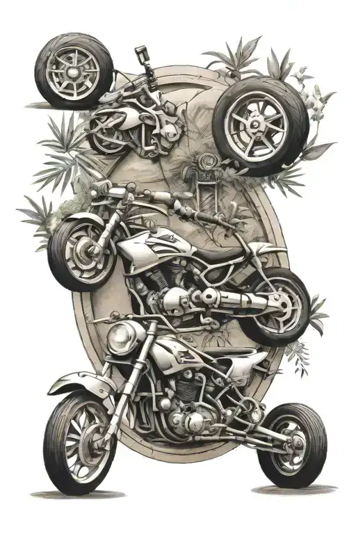 Zen garden scene with robotic arms and motorcycle wheels tattoo design idea