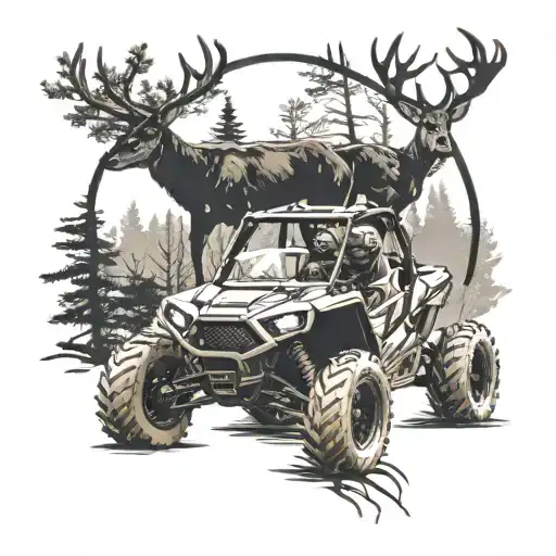 Combine a Polaris RZR with a deer silhouette in a dynamic action pose tattoo design idea