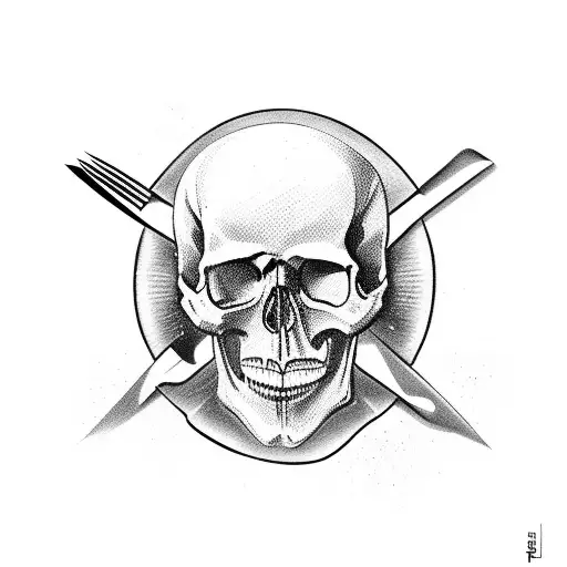 A skull with barber scissors as crossbones and the words TEN7 CUTZ in a banner below tattoo design idea