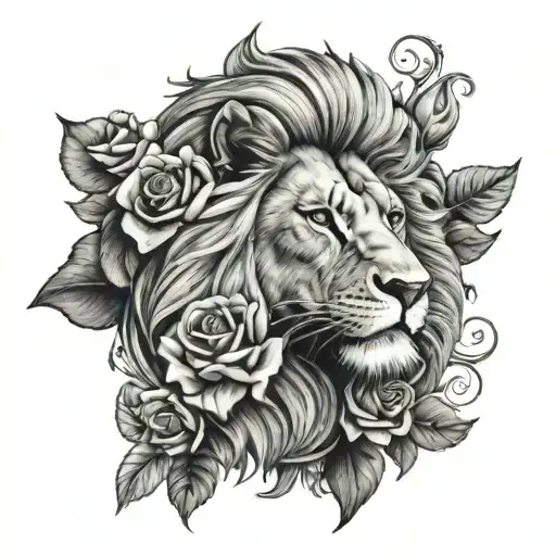 male lion face with roses surrounding bottom  tattoo design idea