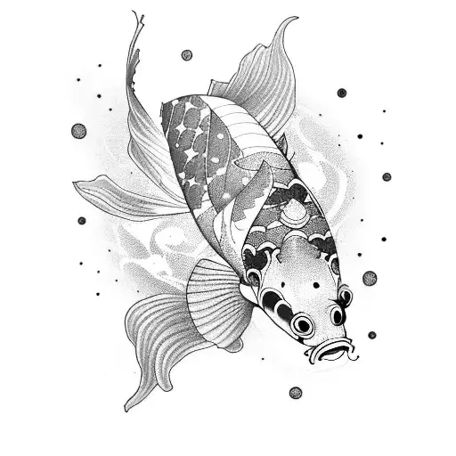 A cosmic koi fish swimming through a galaxy of lotus flowers tattoo design idea