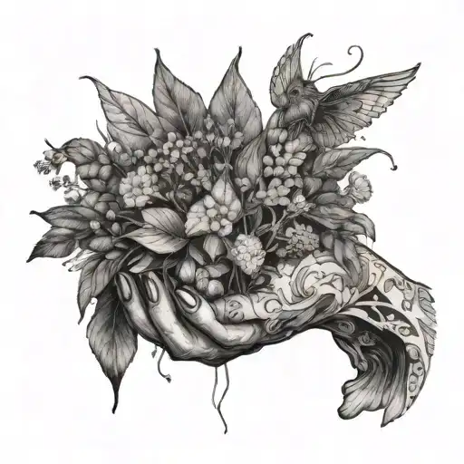 A detailed illustration of a healer's hands holding a bouquet of magical herbs, with faeries dancing around them tattoo design idea