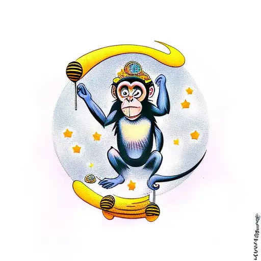 A monkey holding honey and a moon the background tattoo design idea