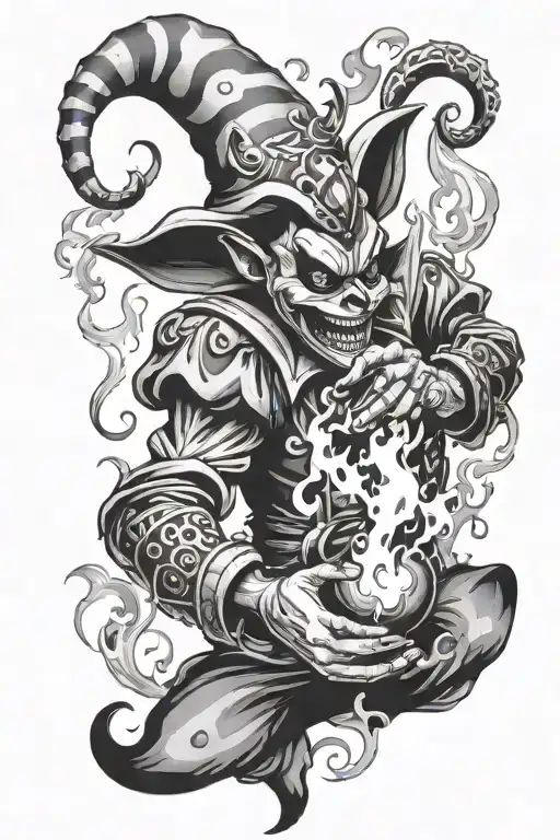 evil jester juggling fire tattoo design idea