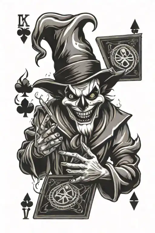 evil jester juggling playing cards that are on fire tattoo design idea