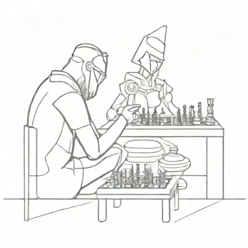A futuristic scene of a Dota 2 character playing chess against a computer opponent tattoo design idea
