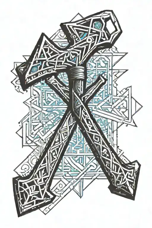 hammer crosses with another hammer with a nail in between with a cool blue print involved someway  tattoo design idea