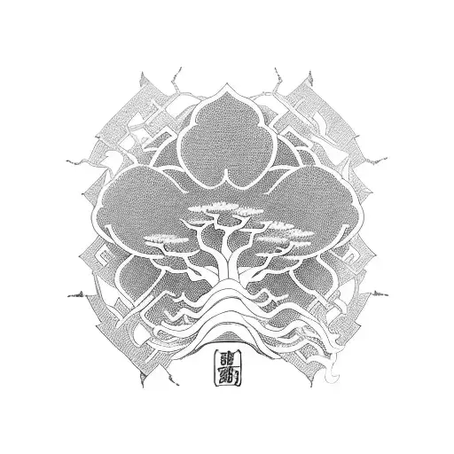 samurai with a temple, a tree of life, lotus flower and scattered kenjis in black and white tattoo design idea