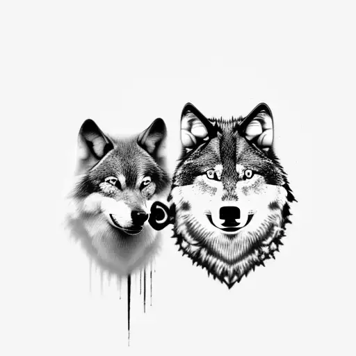 2 wolves head to head, black wolf attacking howling white wolf tattoo design idea