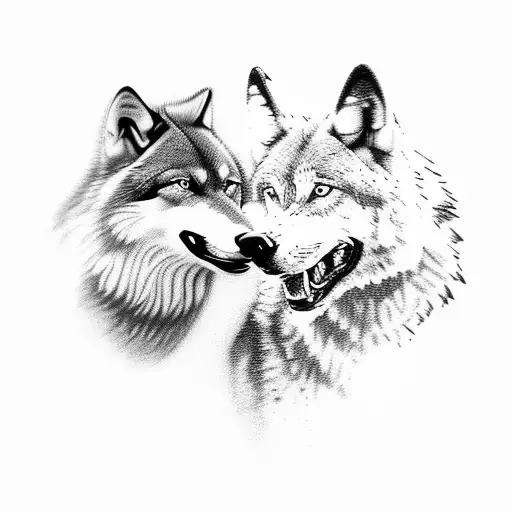 2 wolves head to head, black wolf attacking howling white wolf tattoo design idea