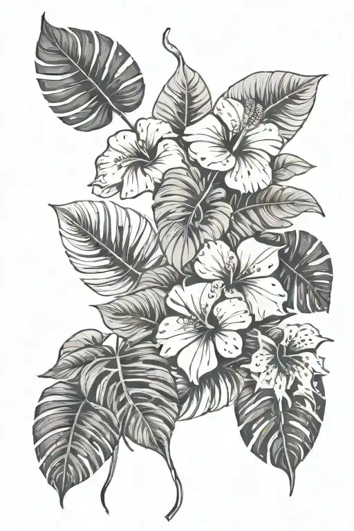 monstera plant, hibiscus flower, jasmine flower tattoo design idea
