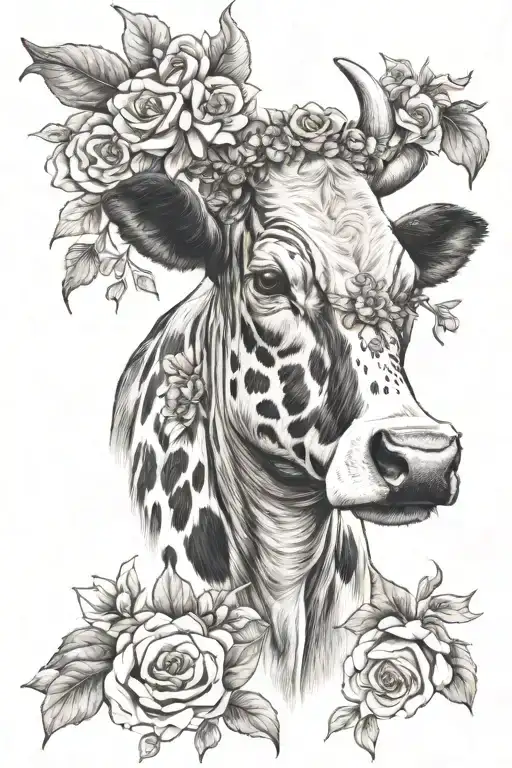 cow with flower crown made with tiger lily's, roses and pansies  tattoo design idea