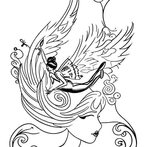 An artistic tattoo featuring Tinker Bell surrounded by swirling purple feathers tattoo design idea