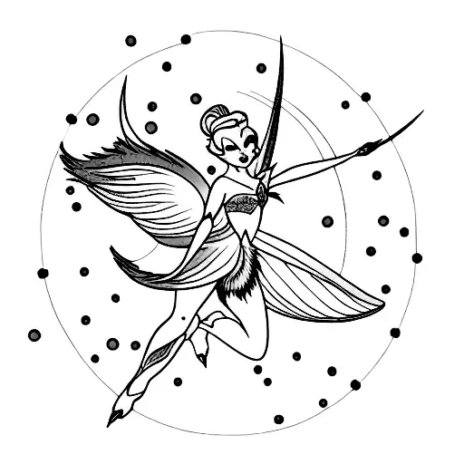 A mesmerizing minimalist tattoo of Tinker Bell with a trail of purple feathers behind her tattoo design idea