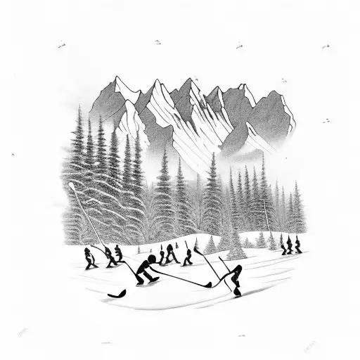 Pond hockey with mountains In the background tattoo design idea