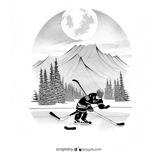 Pond hockey scene with a goalie and mountains In the background tattoo design idea