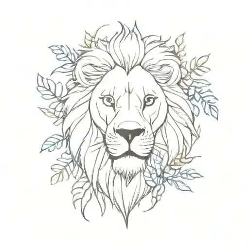 A lion surrounded by a lush forest of trees and plants, with a skull hidden among the foliage tattoo design idea