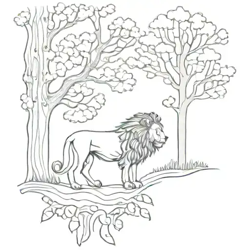 A surreal scene of a lion standing on a bed of mushrooms under a tree with a skull hanging from its branches tattoo design idea