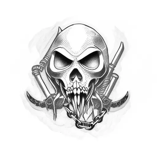 A punk reaper with a motorbike chain wrapped around its arm, done in a dotwork style tattoo design idea