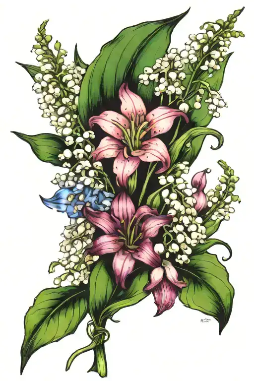 Lily of the valley, larkspur, gladiolus bouquet tattoo tattoo design idea