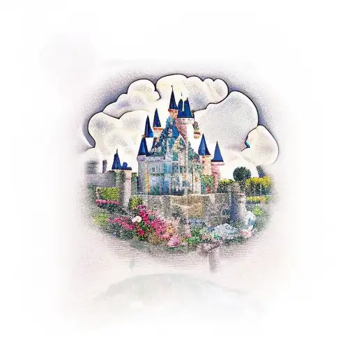 castle in a cup flower garden and birth of venus tattoo design idea