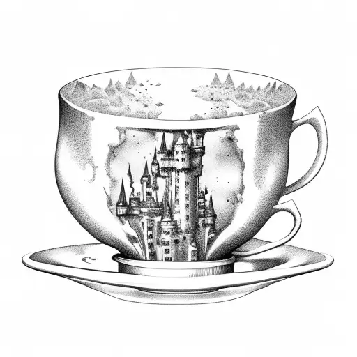 castle in a tea cup around fly amanita strawberries tattoo design idea