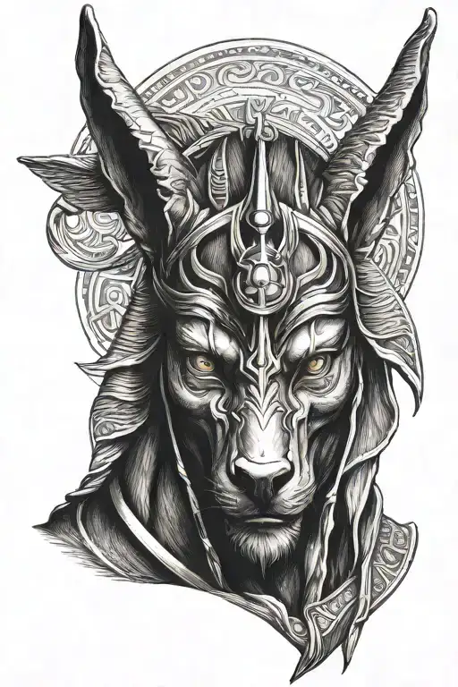 Anubis holding Demon head tattoo design idea