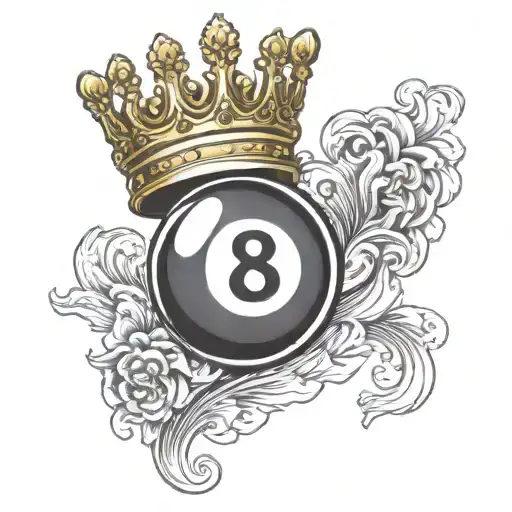 Detailed billiard 8 ball with a golden crown on top and white wings on the back tattoo design idea
