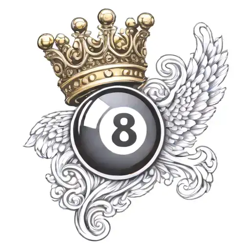 Detailed billiard 8 ball with a golden crown on top and white wings on the back tattoo design idea