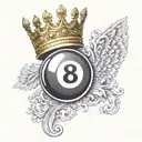 Detailed billiard 8 ball with a golden crown on top and white wings on the back tattoo design idea