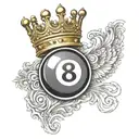 Detailed billiard 8 ball with a golden crown on top and white wings on the back tattoo design idea