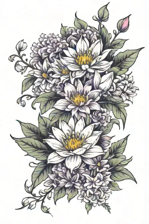 tattoo featuring violets, water lily, gladiolus, asters, and chrysanthemums flowers tattoo design idea