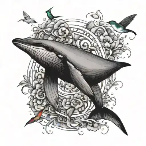 whale and humming bird togeather  tattoo design idea