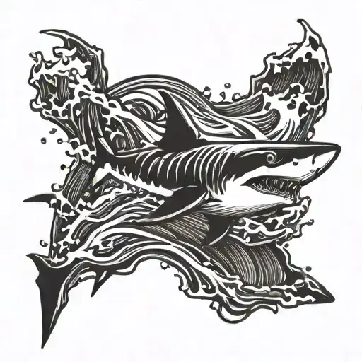 Design a black work tattoo depicting a shark fin breaking through the water's surface in a top-down view.  tattoo design idea