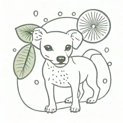 A minimalist tattoo of a small dog with kiwi fruit patterns on its fur, combining the client's love for their pet and the unique fruit resemblance tattoo design idea