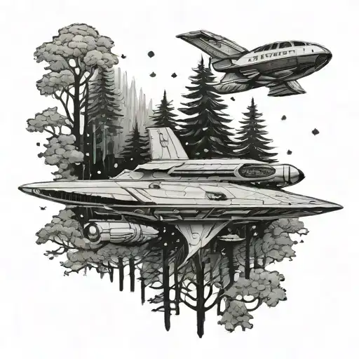 A starship inspired by Star Trek exploring the forests of Connecticut tattoo design idea