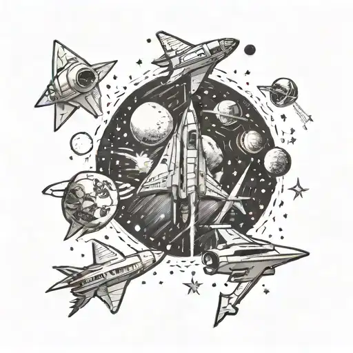 A space-themed sleeve tattoo featuring various iconic space ships from different sci-fi franchises, with a starry background representing the night sky of Connecticut tattoo design idea