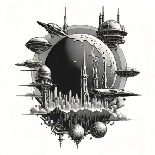 A Babylon 5 space station orbiting a planet with the skyline of Vermont in the background tattoo design idea